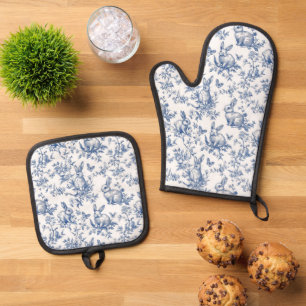 Sweet Blue Bunny Rabbits French Toile Oven Mitt & Pot Holder Set