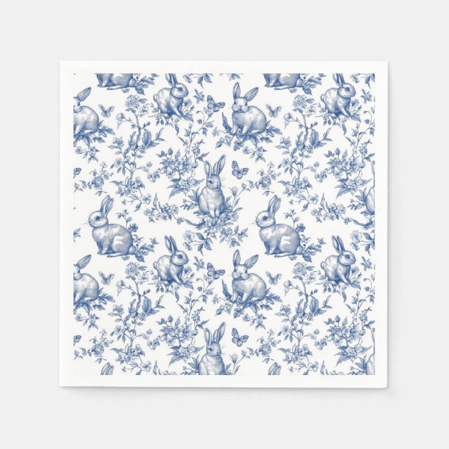 Sweet Blue Bunny Rabbits French Toile Paper Napkin (Front)