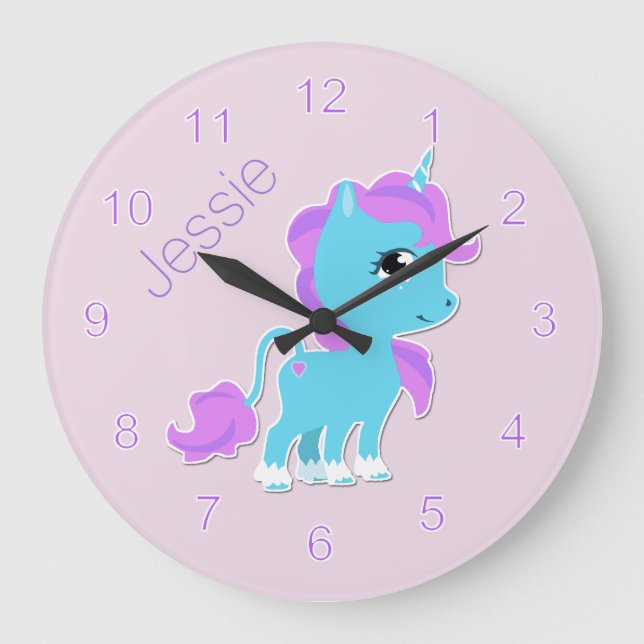 Sweet Blue Cartoon Unicorn Custom Wall Clock (Front)