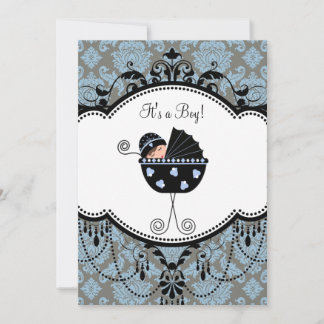 Sweet Blue Damask Baby Boy Shower Invitation