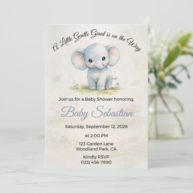 Sweet Blue Elephant Boy Baby Shower Invitation (Standing Front)