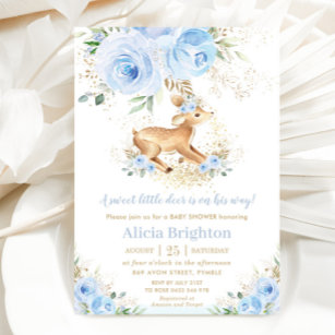 Sweet Blue Floral Baby Deer Fawn Boy Baby Shower Invitation
