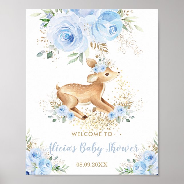 Sweet Blue Floral Baby Deer Fawn Boy Baby Shower Poster (Front)