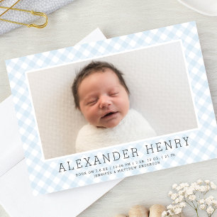 Sweet Blue Gingham Pattern Birth Announcement