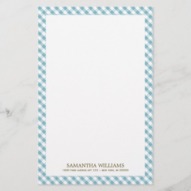 Sweet Blue Gingham Pattern Stationery (Front)