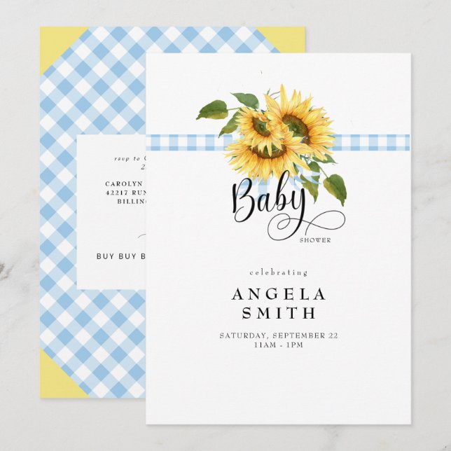 Sweet Blue Gingham Sunflower Baby Shower Invitation (Front/Back)