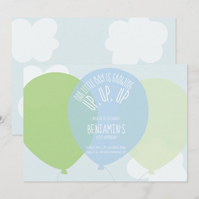 Sweet Blue Green First Boy Birthday Balloon Party Invitation (Front/Back)