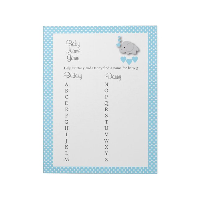 Sweet Blue & Grey Elephant - Baby Name Game Notepad (Rotated)