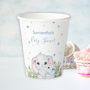 Sweet Blue Mummy Baby Elephant Floral Baby Shower Paper Cups