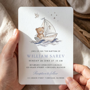 Sweet Blue Nautical Bear Baptism Invite