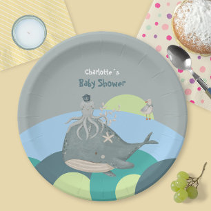 Sweet Blue Nautical Whale Baby Shower Paper Plate