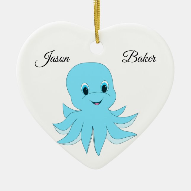 Sweet Blue Octopus With Your Name Ceramic Tree Decoration (Front)