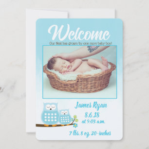 Sweet Blue Owls Baby Boy Photo Birth Announcement