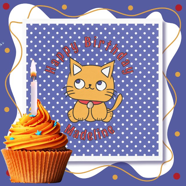 Sweet Blue Red Orange Cat Cartoon Birthday Party Napkin (Creator Uploaded)