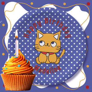 Sweet Blue Red Orange Cat Cartoon Birthday Party Paper Plate