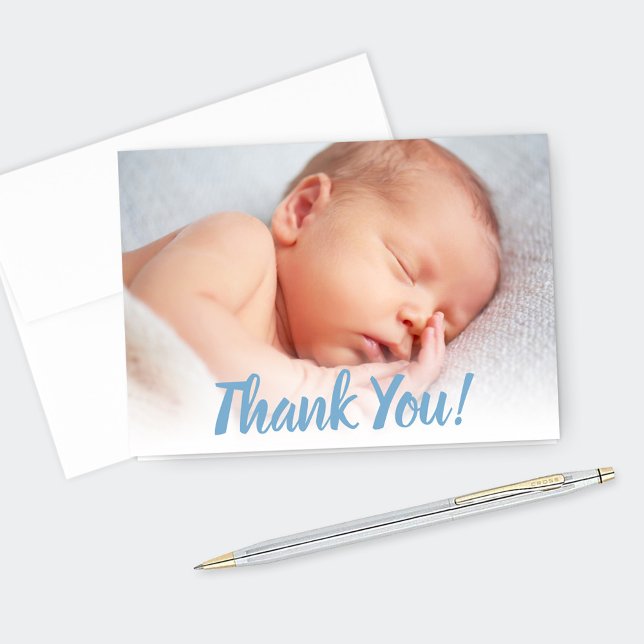 Sweet Blue Script Baby Boy Photo Thank You Card (Creator Uploaded)