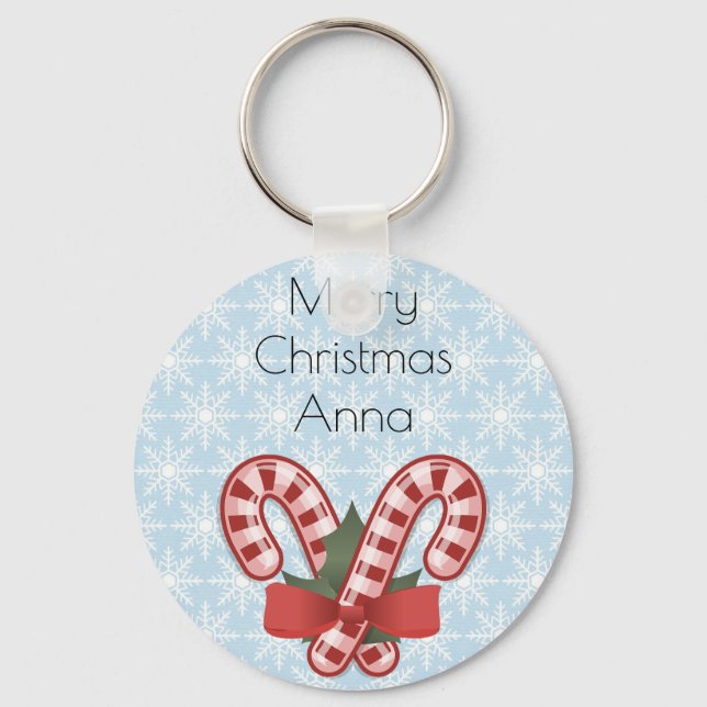 Sweet Blue Snowflake, Red Candy Stick  Key Ring (Front)