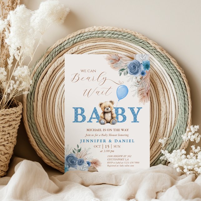 Sweet Blue Teddy Bear Baby Shower Pampas Florals Invitation (Creator Uploaded)