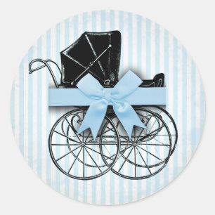 Sweet Blue Vintage Baby Carriage Pram and Bow Classic Round Sticker