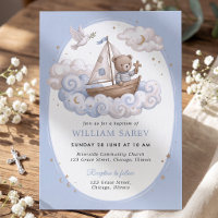 Sweet Blue Watercolor Bear Baptism Invite