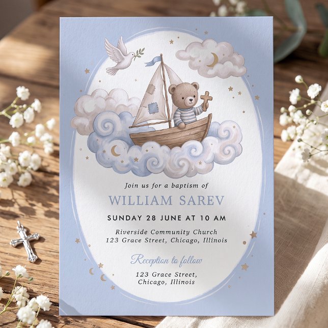 Sweet Blue Watercolor Bear Baptism Invite (Creator Uploaded)