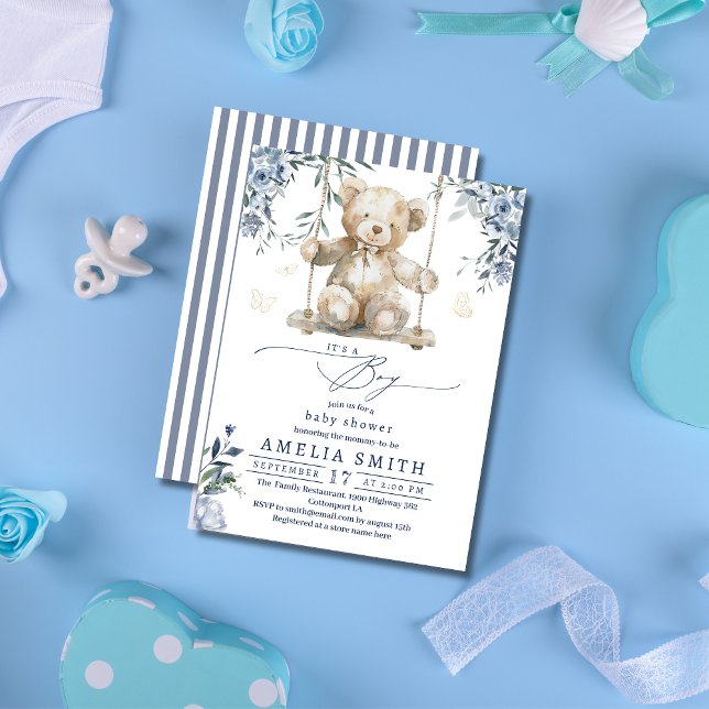 Sweet Blue Watercolor Teddy Boy Baby Shower Invitation (Creator Uploaded)