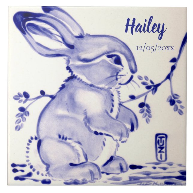 Sweet Blue & White Baby Bunny Tile Personalised (Front)