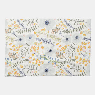 Sweet Blue Yellow Botanical Flowers Tea Towel