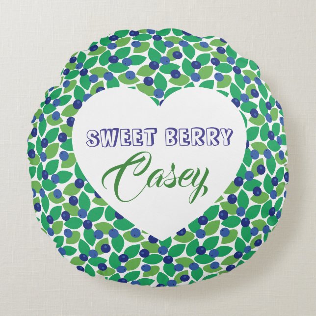 Sweet Blueberries Modern Pattern Blue Green. Round Cushion (Front)