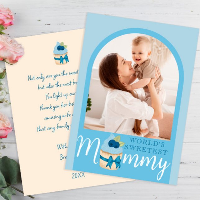Sweet Blueberry Cupcake Mothers Day Photo Card (Creator Uploaded)