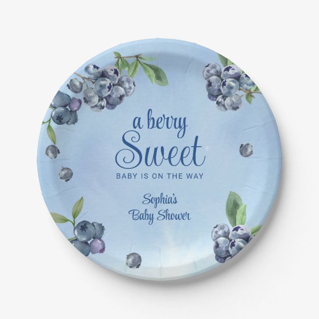 Sweet Blueberry Watercolor Baby Shower  Paper Plate (Front)
