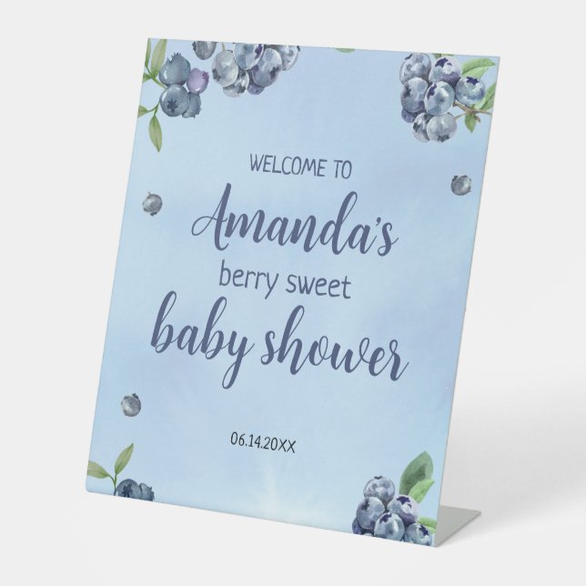 Sweet Blueberry Watercolor Baby Shower Pedestal Sign (Front)