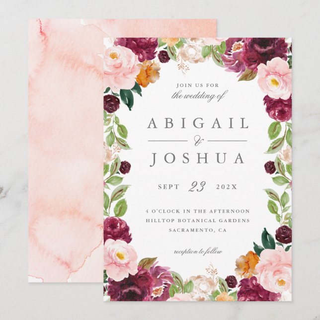 Sweet Blush & Burgundy Watercolor Floral Wedding Invitation (Front/Back)