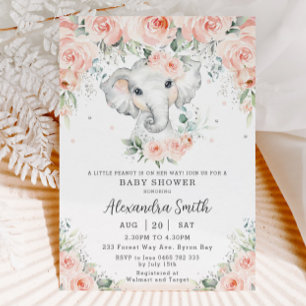 Sweet Blush Floral Adorable Elephant Baby Shower Invitation