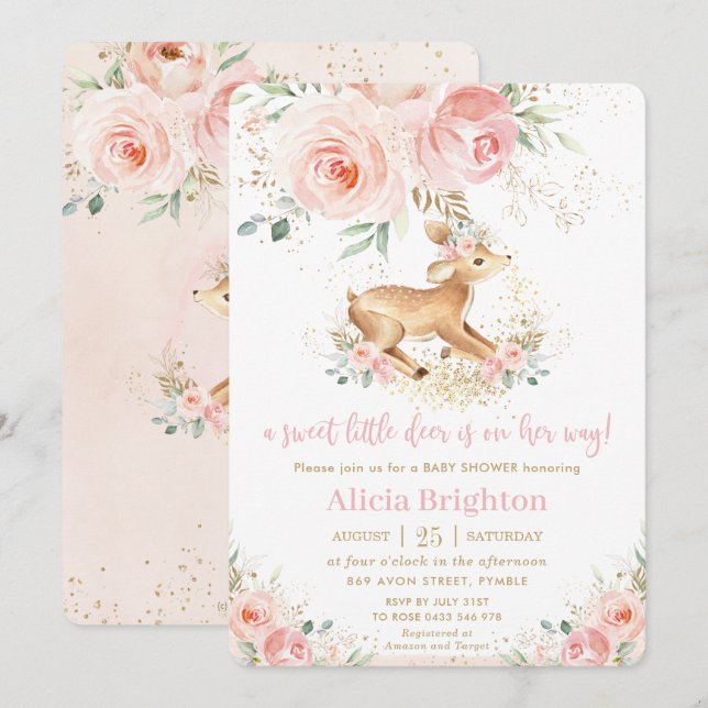 Sweet Blush Floral Baby Deer Fawn Girl Baby Shower Invitation (Front/Back)