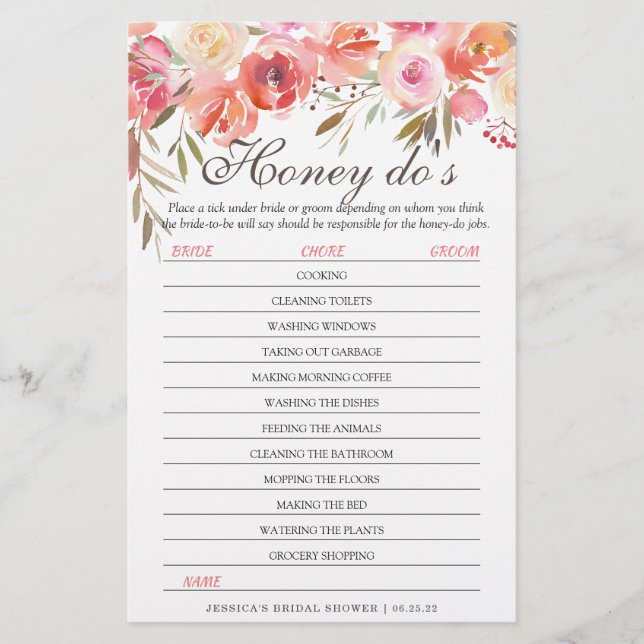 Sweet Blush Floral Double-Sided Bridal Shower Game (Front)