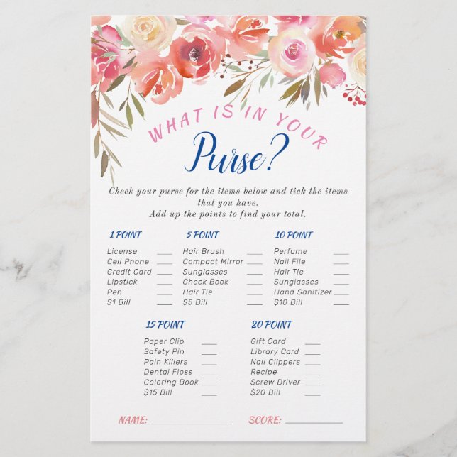 Sweet Blush Floral Watercolor Bridal Shower Game (Front)