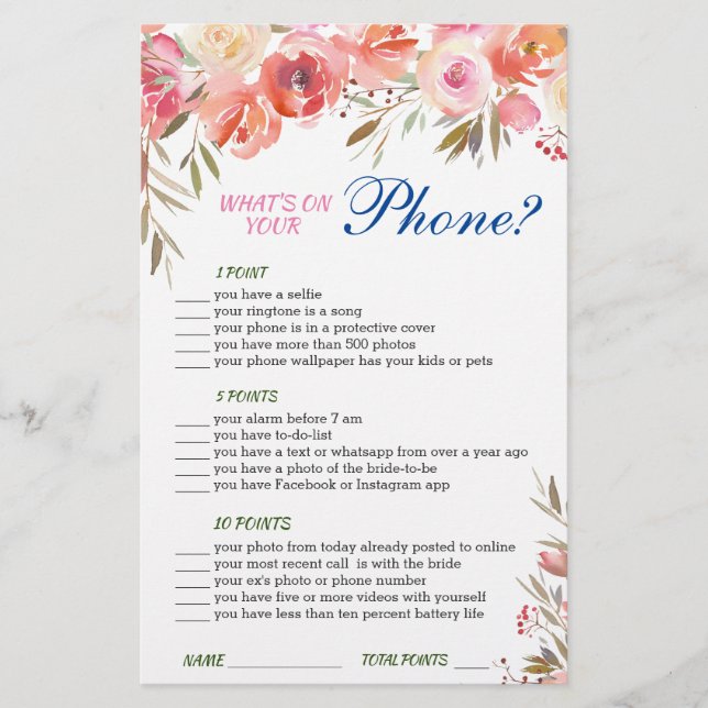 Sweet Blush Floral Watercolor Bridal Shower Game (Front)