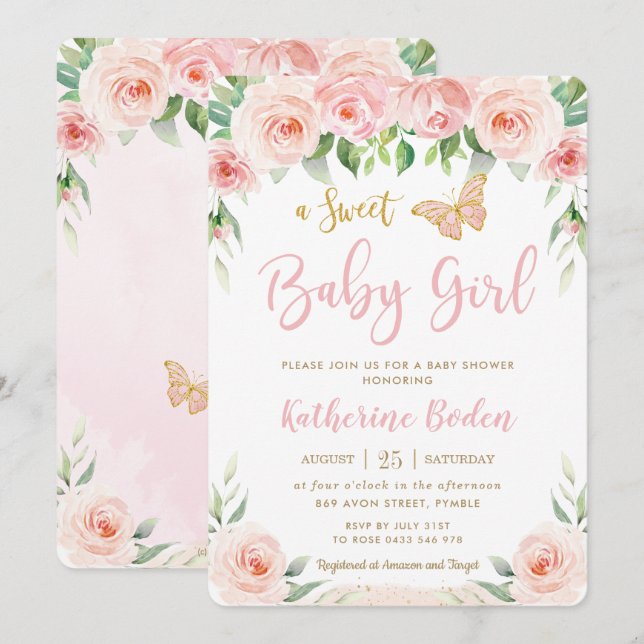 Sweet Blush Pink Floral Butterflies Baby Shower Invitation (Front/Back)