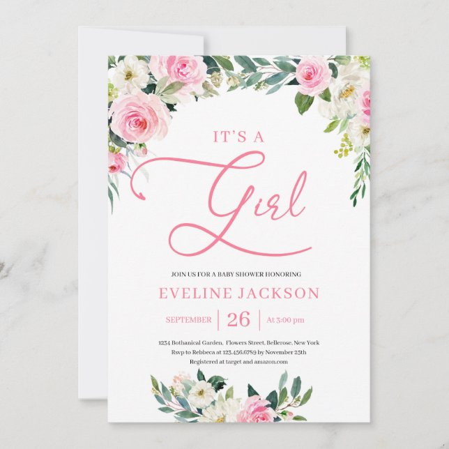 Sweet blush pink floral it's a girl baby shower invitation (Front)