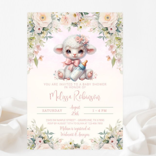 Sweet Blush Pink Floral Newborn Lamb Baby Shower Invitation (Creator Uploaded)