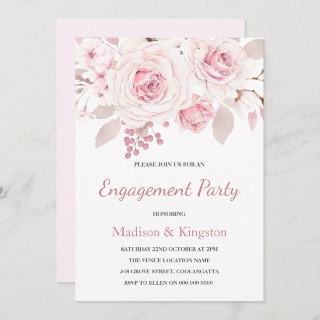 Sweet Blush Pink Flowers Engagement Party Invitation (Front/Back)