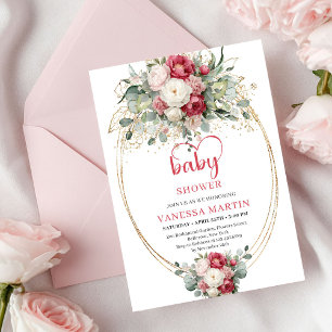 Sweet Bohemian Ruby Red White Gold Baby Shower  Invitation