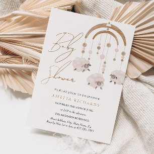 Sweet Boho Blush Pink Sheep Mobile Baby Shower  Invitation