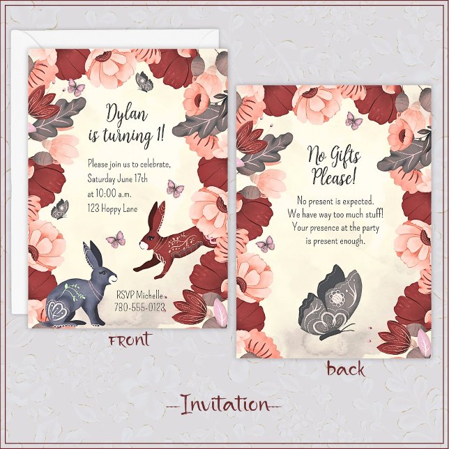 Sweet boho folk art rabbit butterfly floral Hygge Invitation (Creator Uploaded)
