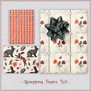 Sweet boho folk art rabbit butterfly floral wrapping paper sheet
