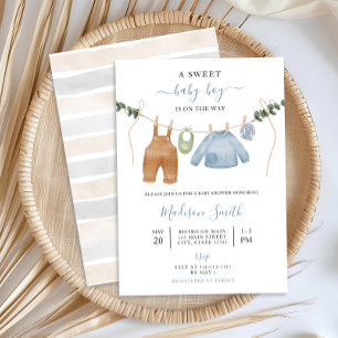 Sweet Boho Neutral Clothesline Boy Baby Shower Invitation