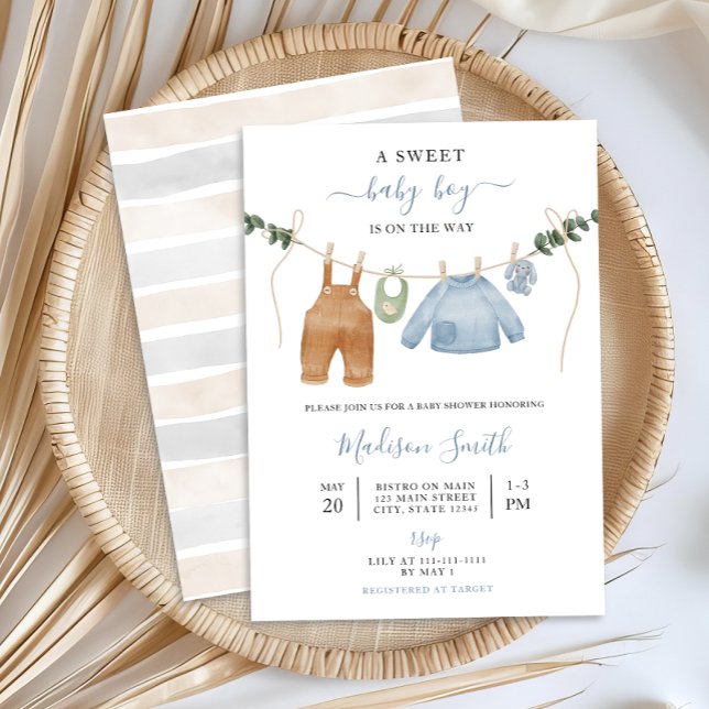 Sweet Boho Neutral Clothesline Boy Baby Shower Invitation (Creator Uploaded)