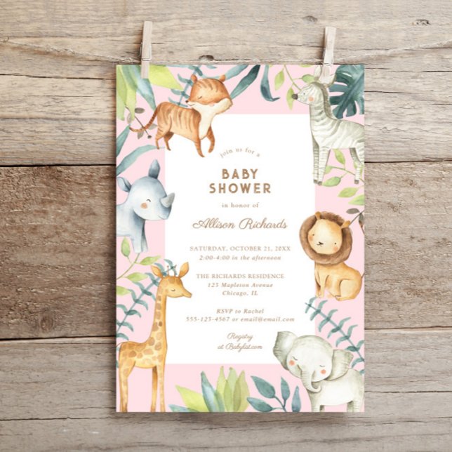 Sweet boho safari animals pink girl baby shower invitation (Creator Uploaded)