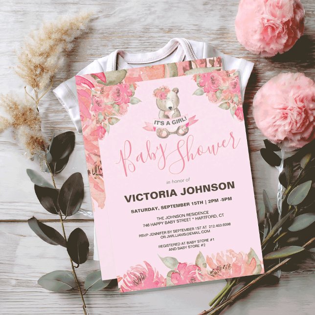 Sweet Boho Watercolor Floral Bear Woodland Baby Invitation (SWEET PINK FLORAL TEDDY BEAR GIRL BABY SHOWER INVITATION
)